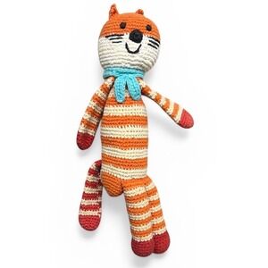 Pebble Child Handmade Crochet Fox Plush Rattle Orange Striped Cotton Toy 12 inch